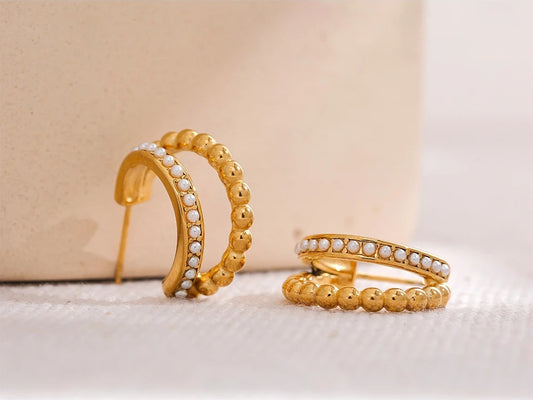 Vintage imitation pearl abstract hoop earrings - product image