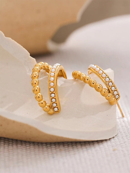Vintage imitation pearl abstract hoop earrings - product image