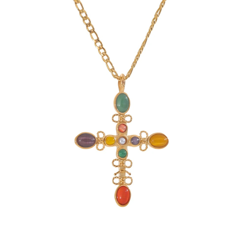 Vintage natural stone cross pendant necklace - product image