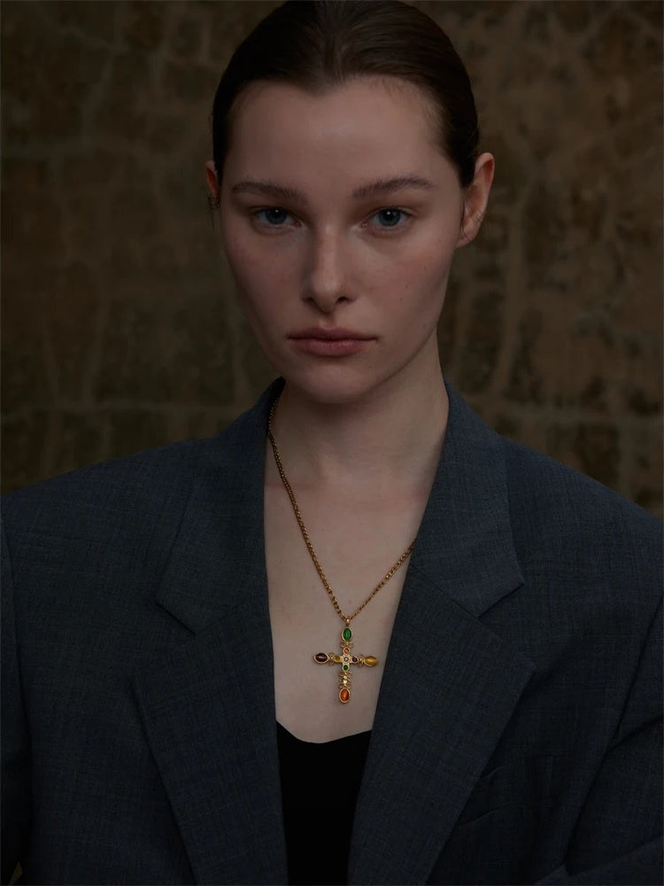 Vintage natural stone cross pendant necklace - product image