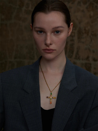 Vintage natural stone cross pendant necklace - product image