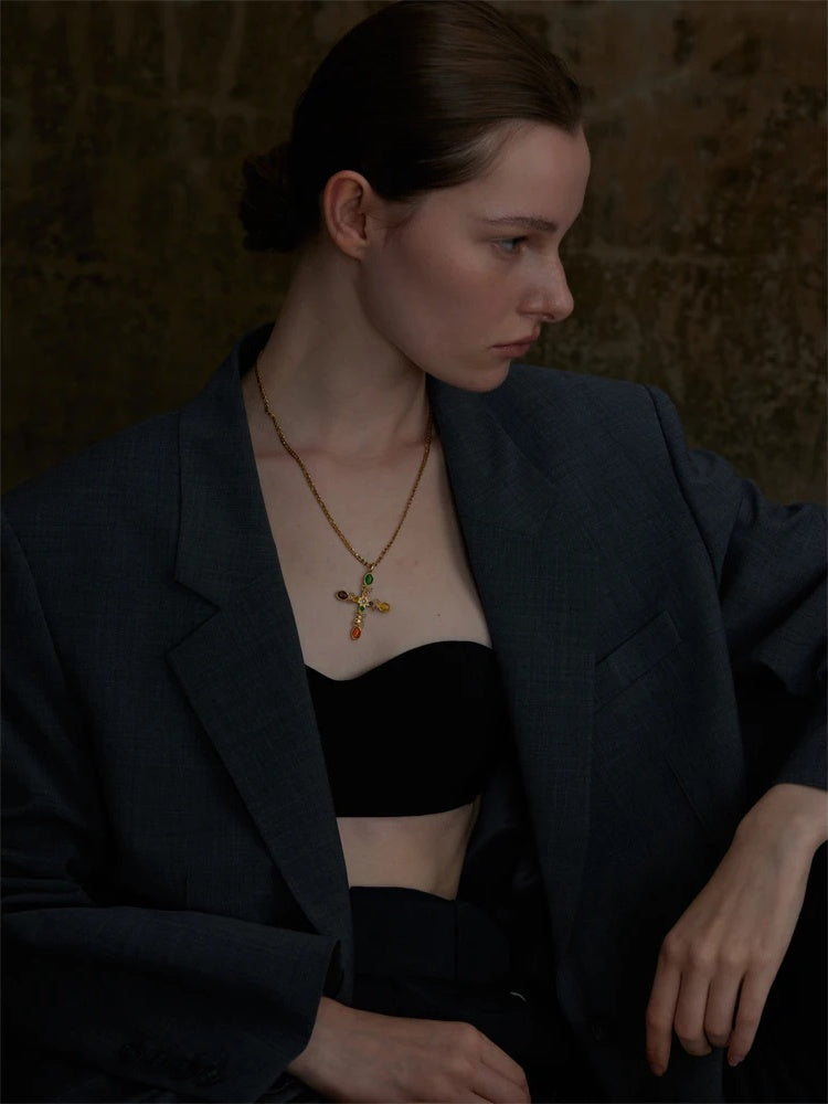Vintage natural stone cross pendant necklace - product image