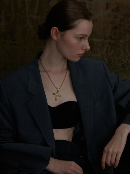 Vintage natural stone cross pendant necklace - product image