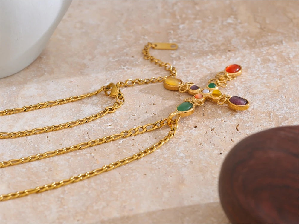 Vintage natural stone cross pendant necklace - product image