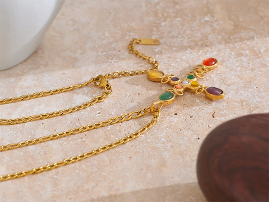 Vintage natural stone cross pendant necklace - product image