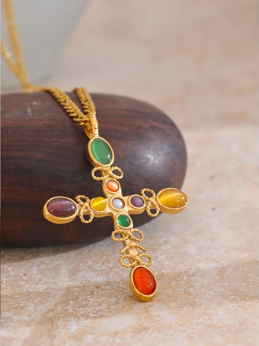 Vintage natural stone cross pendant necklace - product image