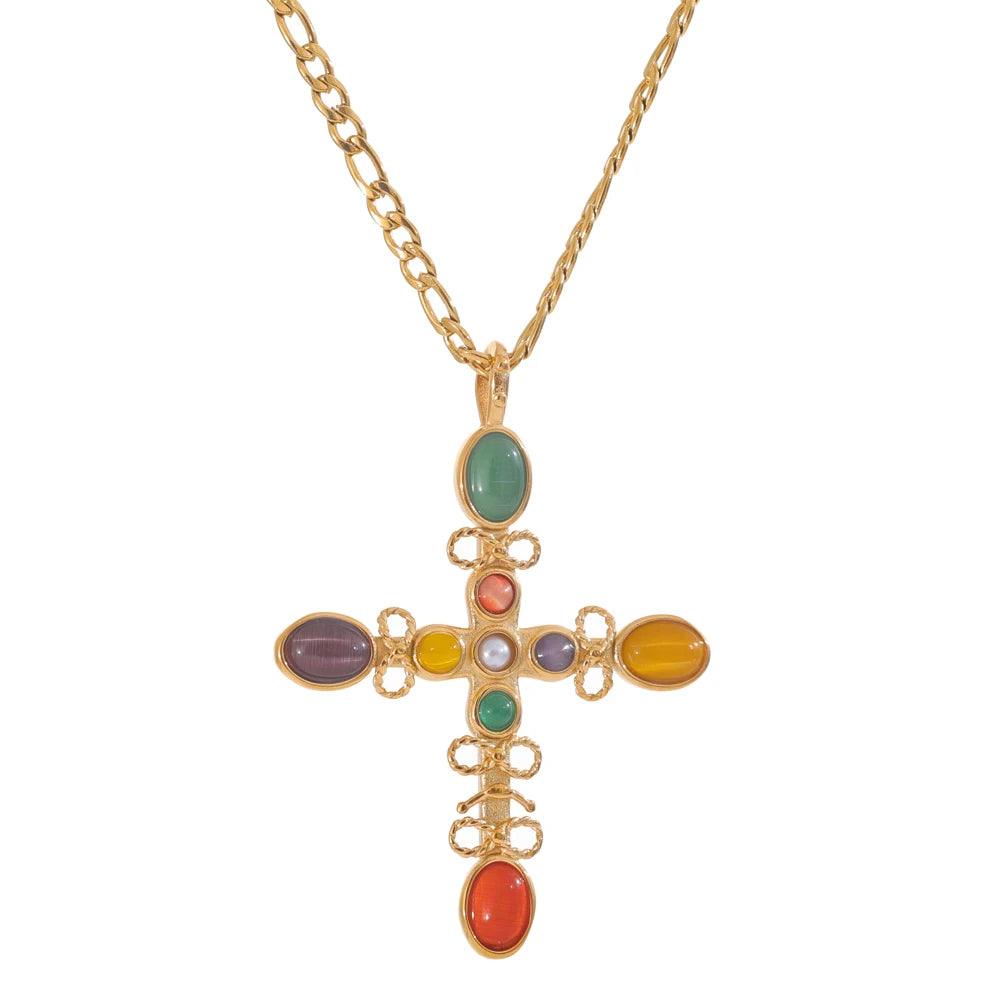 Vintage natural stone cross pendant necklace - product image