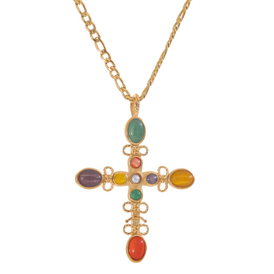 Vintage natural stone cross pendant necklace - product image