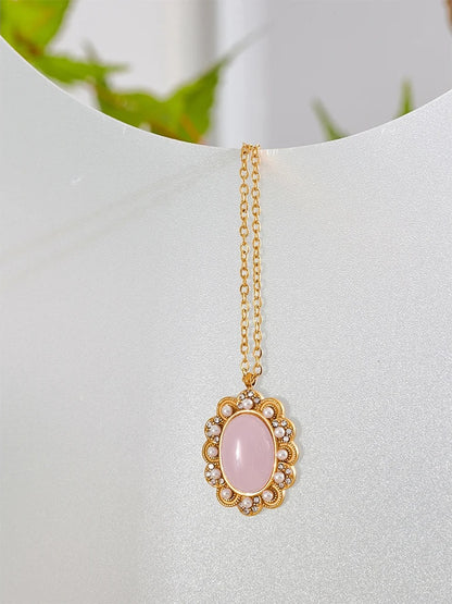 Vintage oval pendant pink pearl stone necklace - product image
