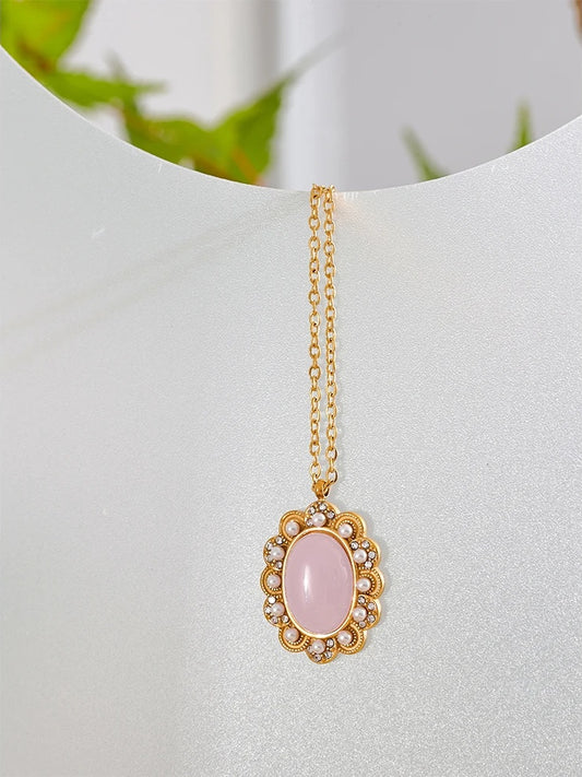 Vintage oval pendant pink pearl stone necklace - product image