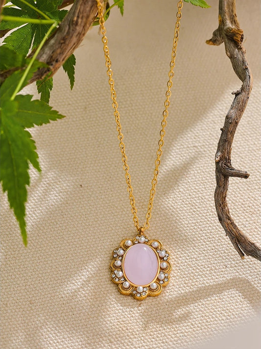 Vintage oval pendant pink pearl stone necklace - product image