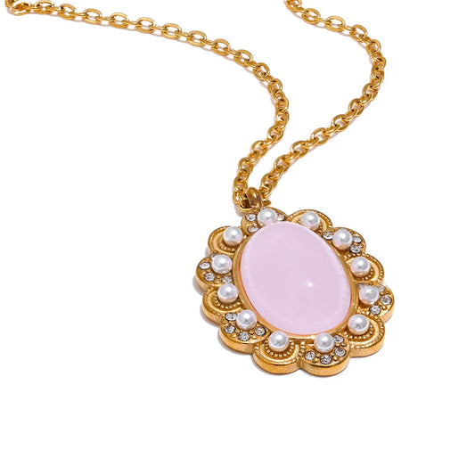 Vintage oval pendant pink pearl stone necklace - product image