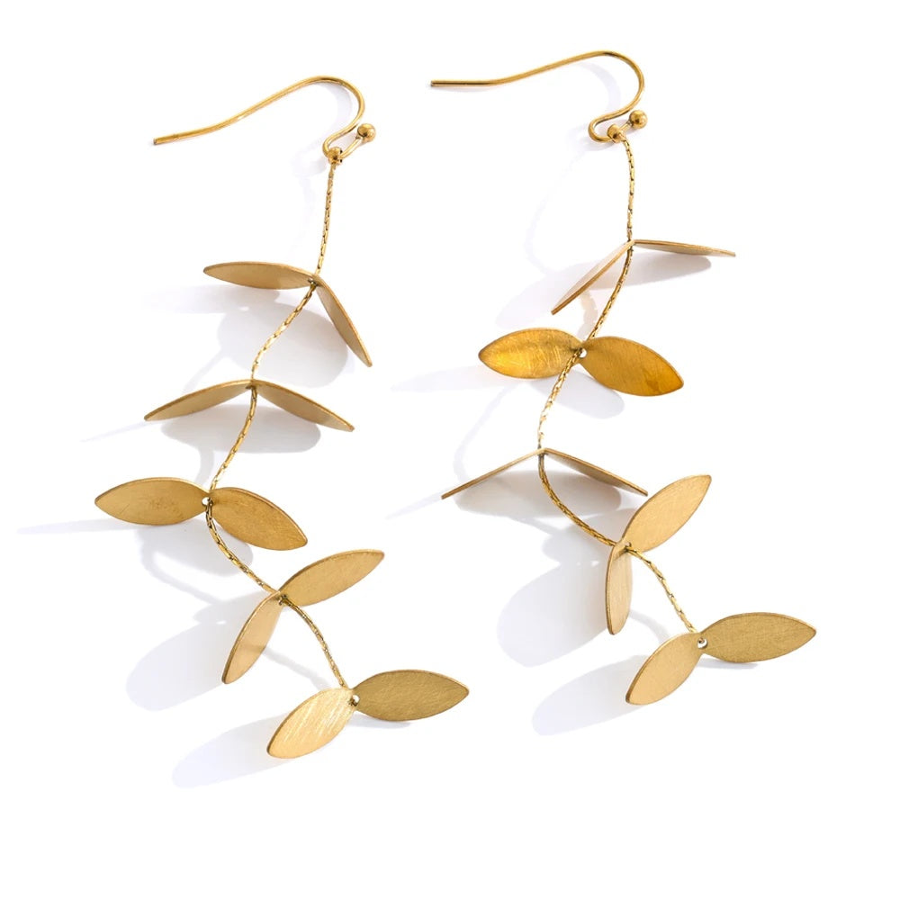 Vintage retro leaf long hanging drop earrings - product image