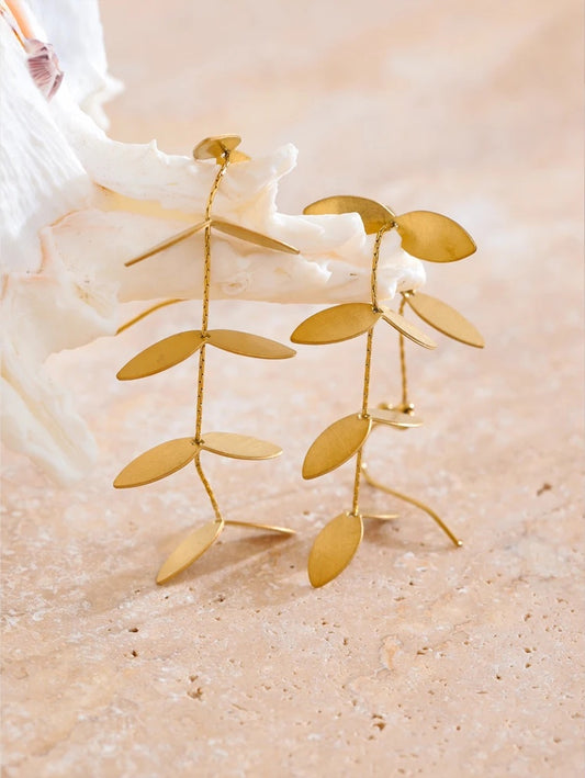 Vintage retro leaf long hanging drop earrings - product image