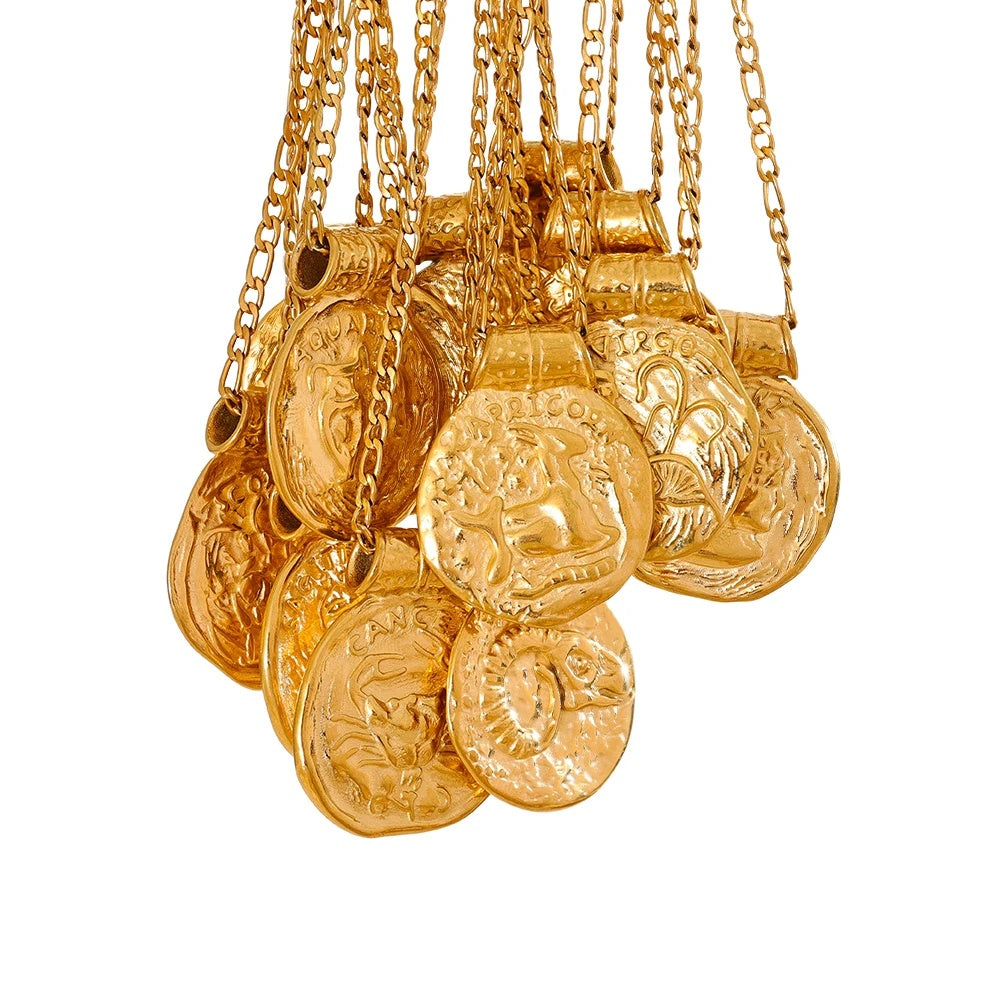 Waterproof 12 constellation hammered vintage pendant necklace - product image