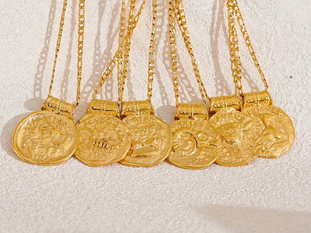 Waterproof 12 constellation hammered vintage pendant necklace - product image