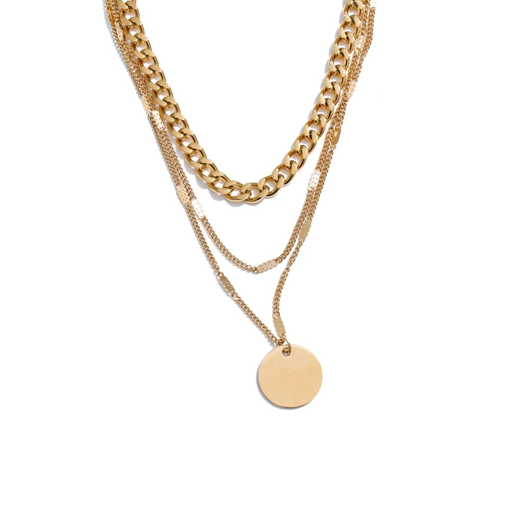 Waterproof layered cuban chain round pendant necklace - product image