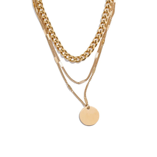 Waterproof layered cuban chain round pendant necklace - product image