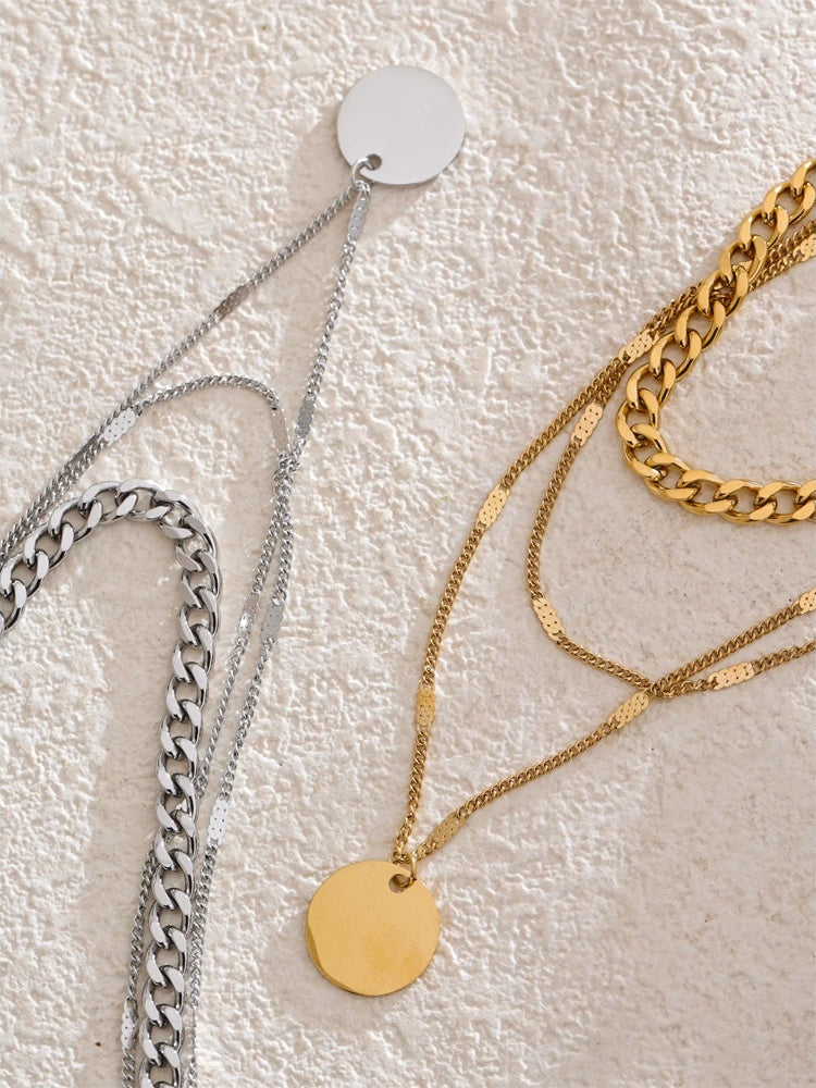 Waterproof layered cuban chain round pendant necklace - product image