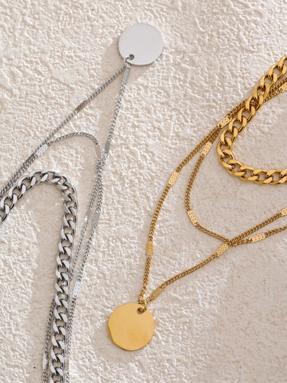 Waterproof layered cuban chain round pendant necklace - product image