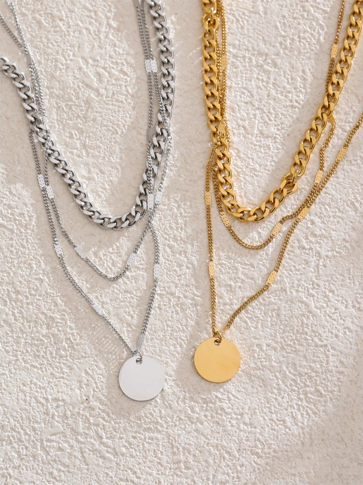 Waterproof layered cuban chain round pendant necklace - product image
