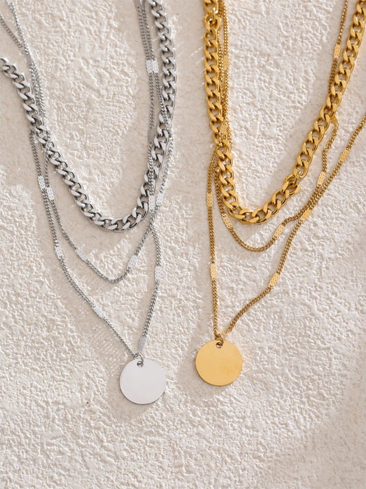 Waterproof layered cuban chain round pendant necklace - product image
