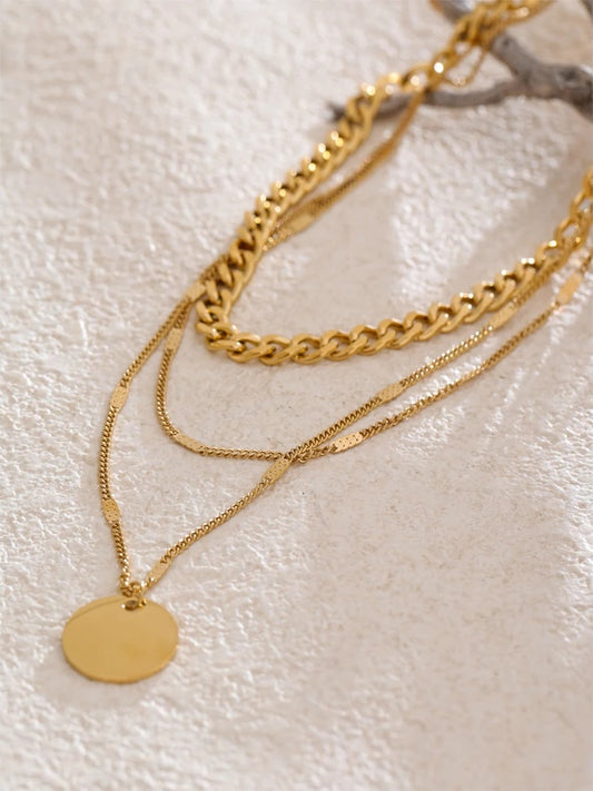 Waterproof layered cuban chain round pendant necklace - product image