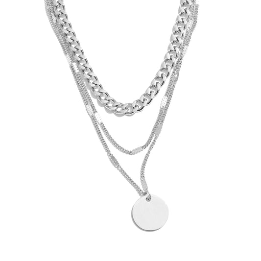 Waterproof layered cuban chain round pendant necklace - product image
