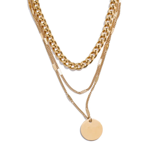 Waterproof layered cuban chain round pendant necklace - product image