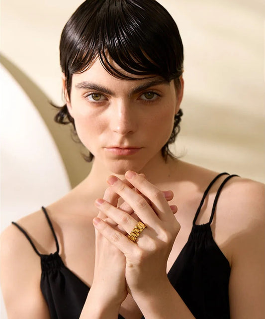 Waterproof metal textured adjustable contemporary ring - product image