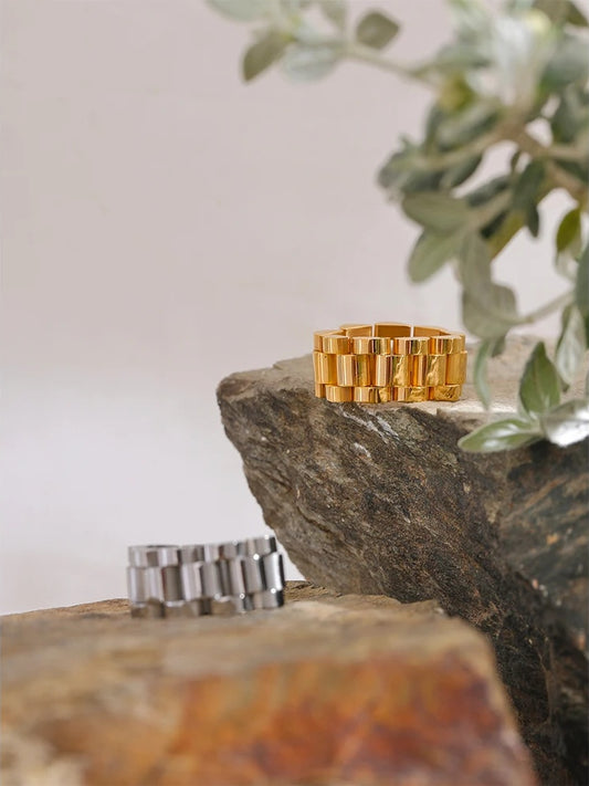 Waterproof metal textured adjustable contemporary ring - product image