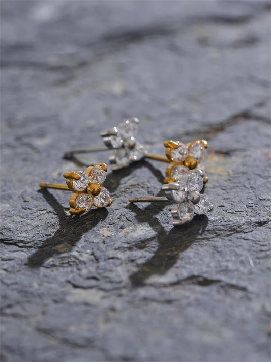 Waterproof shiny cubic zirconia flower sweet stud earrings - product image