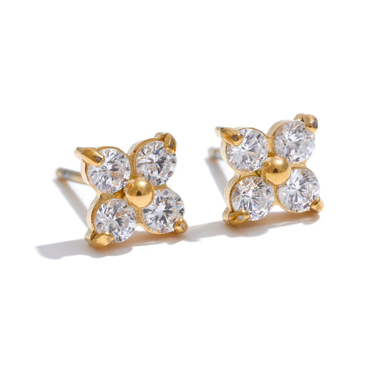 Waterproof shiny cubic zirconia flower sweet stud earrings - product image