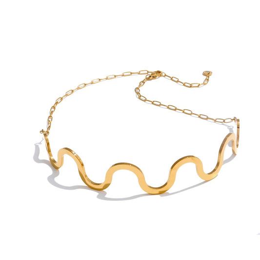 Wave pattern gold color choker necklace - product image