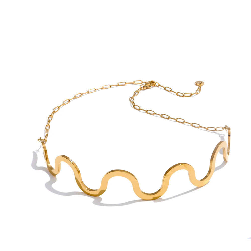 Wave pattern gold color choker necklace - product image
