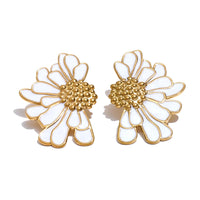 White Black Enamel Flower Statement Stud Earrings