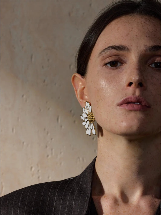 White black enamel flower statement stud earrings - product image