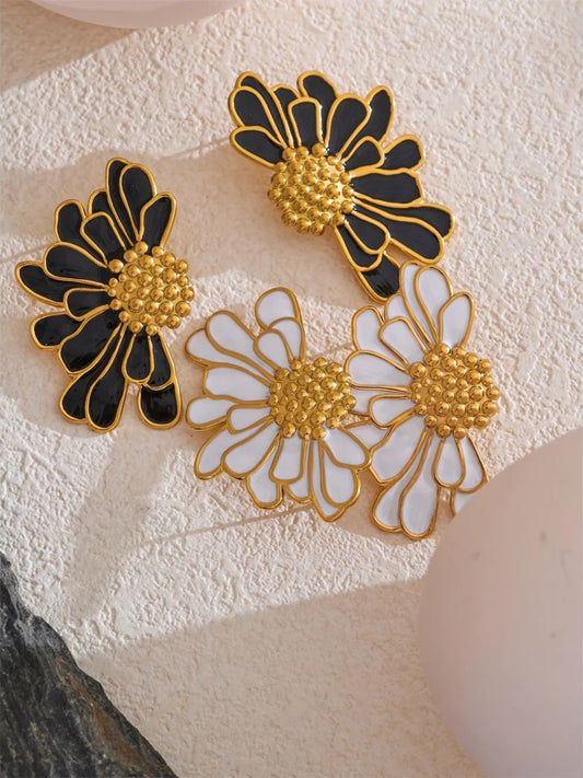 White black enamel flower statement stud earrings - product image
