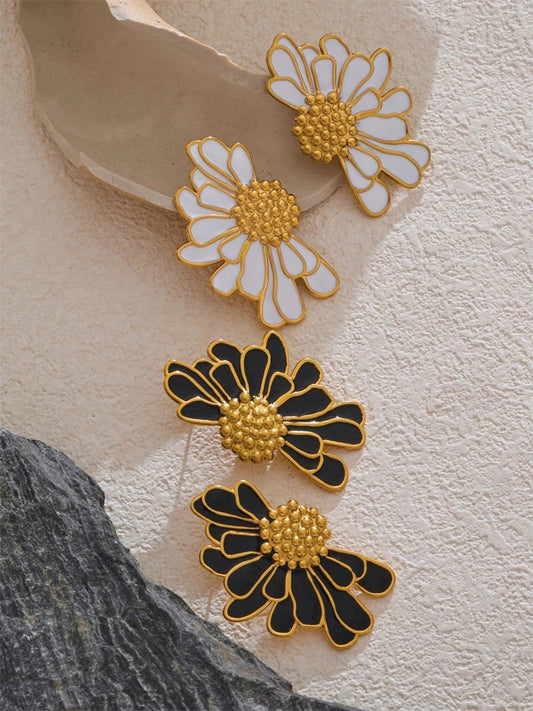 White black enamel flower statement stud earrings - product image