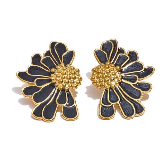 White black enamel flower statement stud earrings - product image