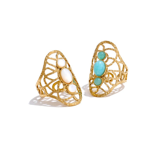 White blue natural stone hollow adjustable ring - product image