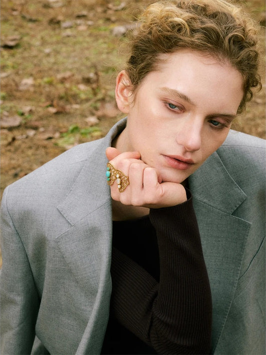 White blue natural stone hollow adjustable ring - product image
