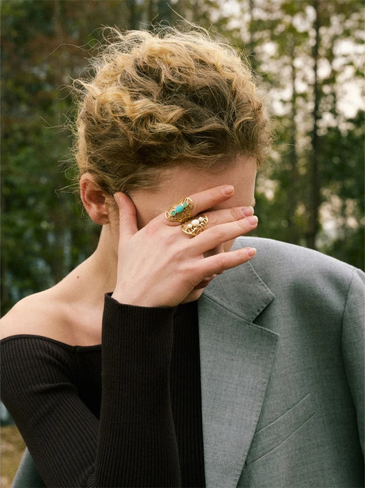 White blue natural stone hollow adjustable ring - product image