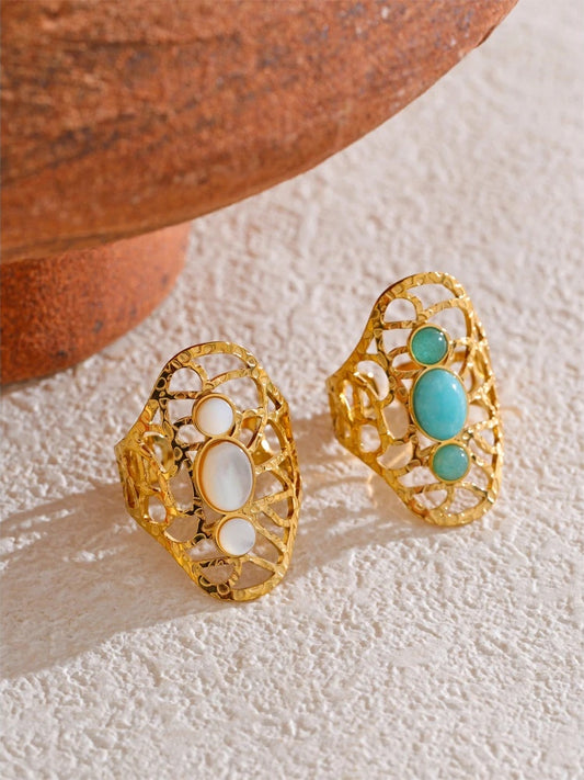 White blue natural stone hollow adjustable ring - product image
