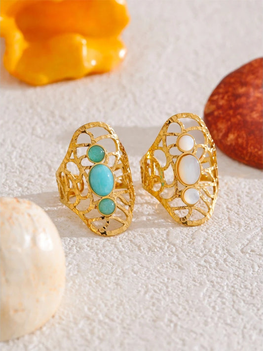 White blue natural stone hollow adjustable ring - product image