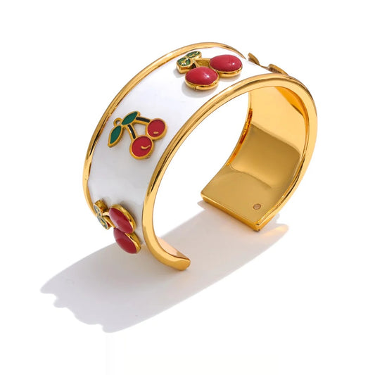 White enamel cherry shape cuff bracelet - product image