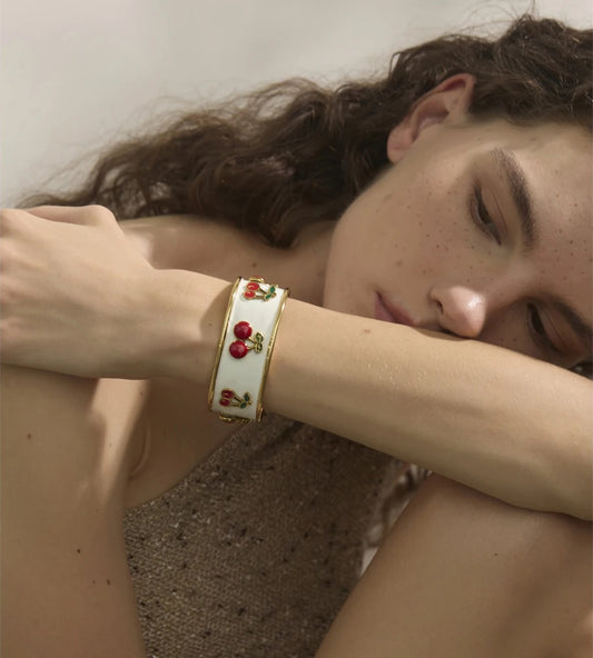 White enamel cherry shape cuff bracelet - product image