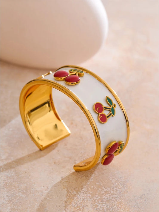 White enamel cherry shape cuff bracelet - product image