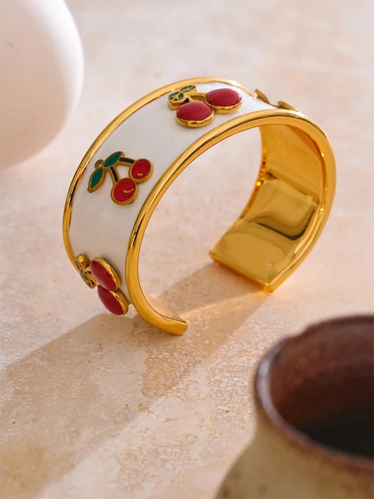 White enamel cherry shape cuff bracelet - product image