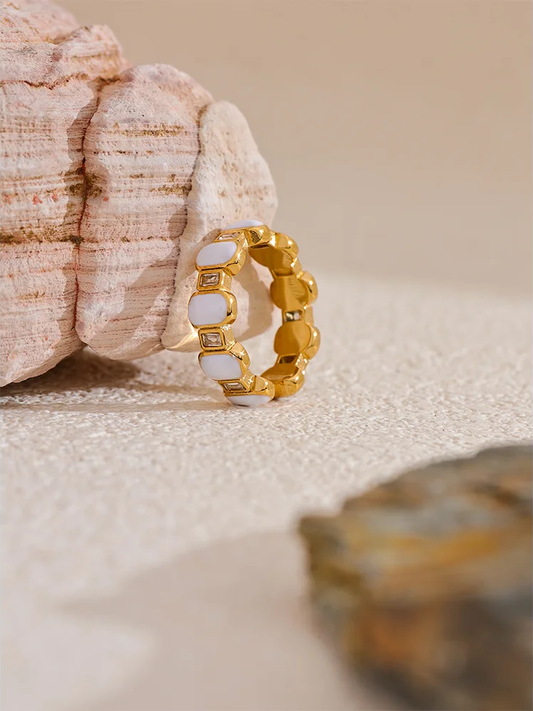 White enamel cubic zircon modern ring - product image